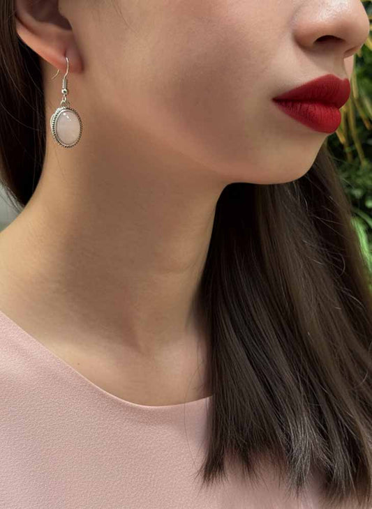 Moonlit Grace – Rose Quartz Oval Earrings