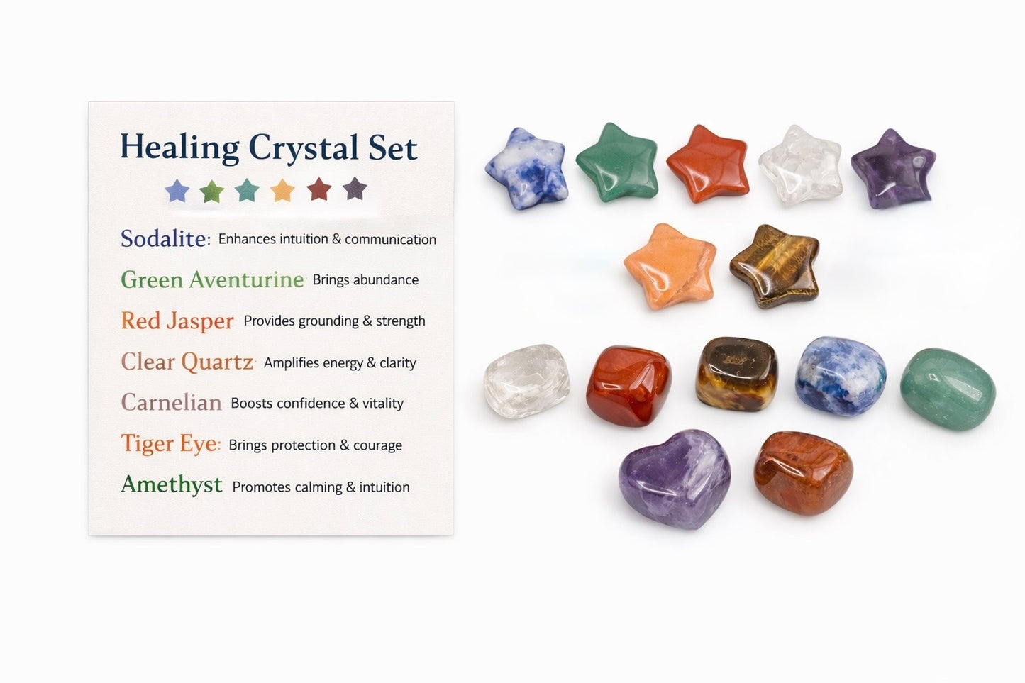 Healing crystal set with colorful stones and a card explaining their properties on a white background.