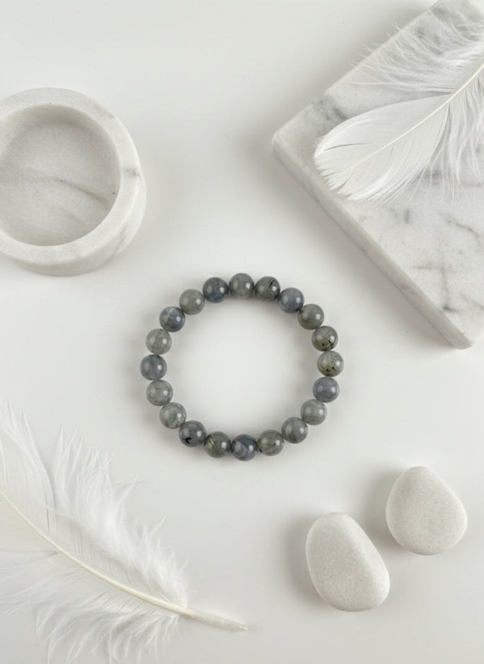 grey labradorite beads on wrist