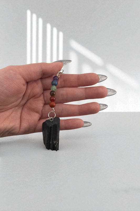 Black Tourmaline 7 Chakra Keychain for energy protection and balance.