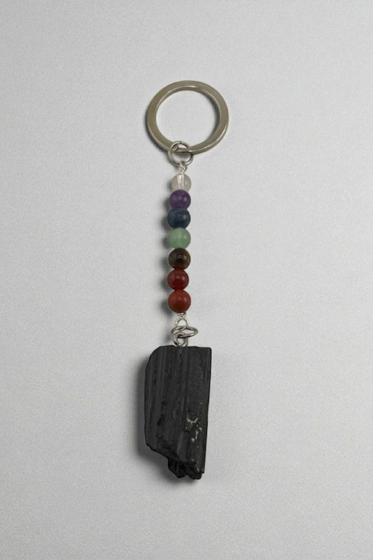 Healing 7 Chakra Keychain with Black Tourmaline crystal for spiritual protection.