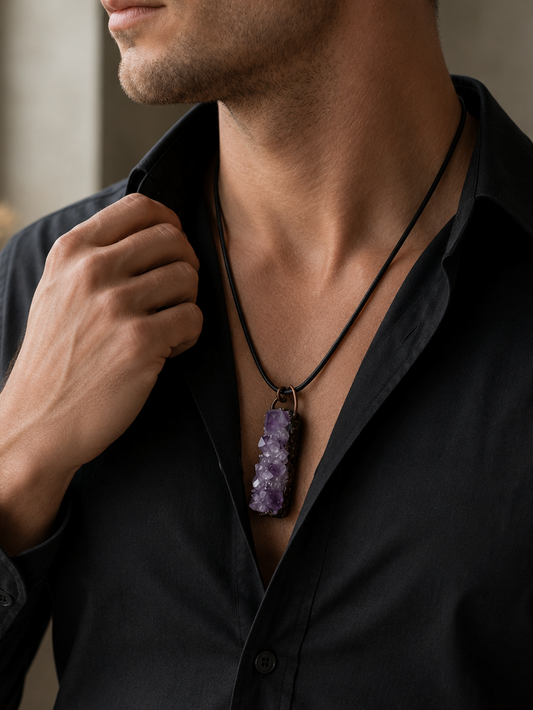 Man wearing a black shirt with a purple pendant necklace.