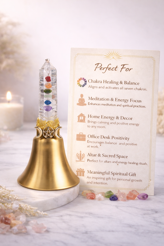 Decorative bell with chakra colors on a marble surface with a card describing its uses.