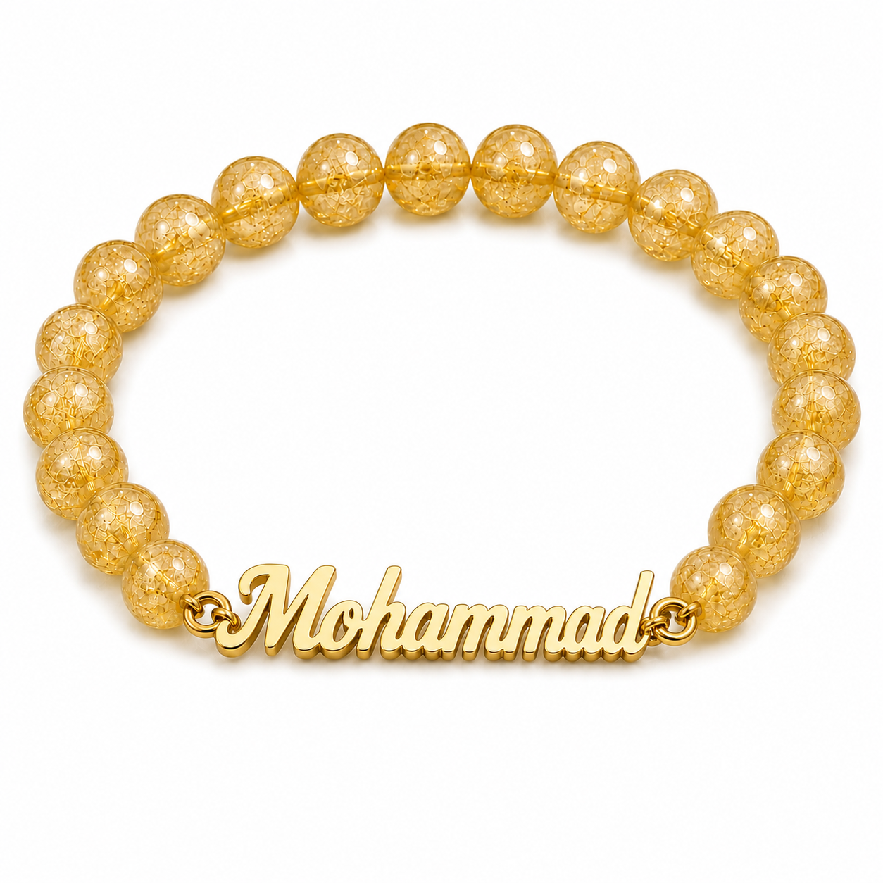 Gold beaded bracelet with 'Mohammad' charm on a white background
