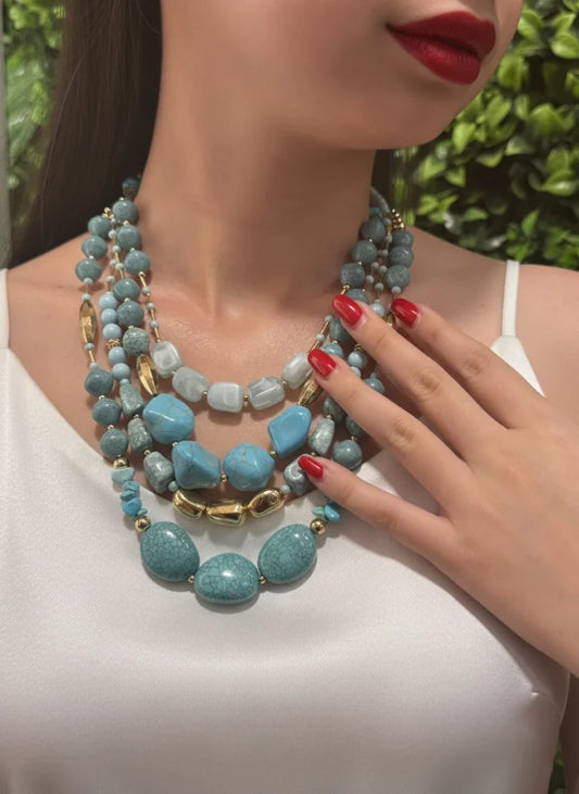 Healing crystal necklace featuring Amazonite, Turquoise, and Blue Jade gemstones for clarity and confidence.