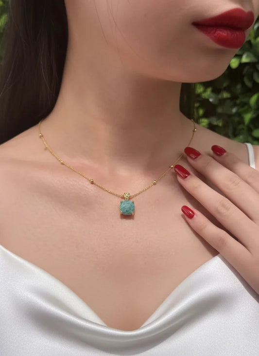 Amazonite stone necklace gold chain detail