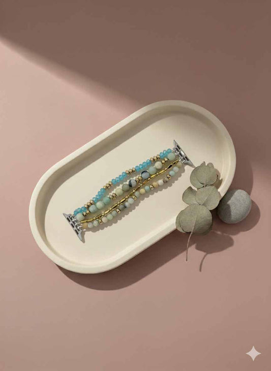 Amazonite and Gold Plated Strap Watch displayed flat showing full bracelet design and spiritual gemstone details