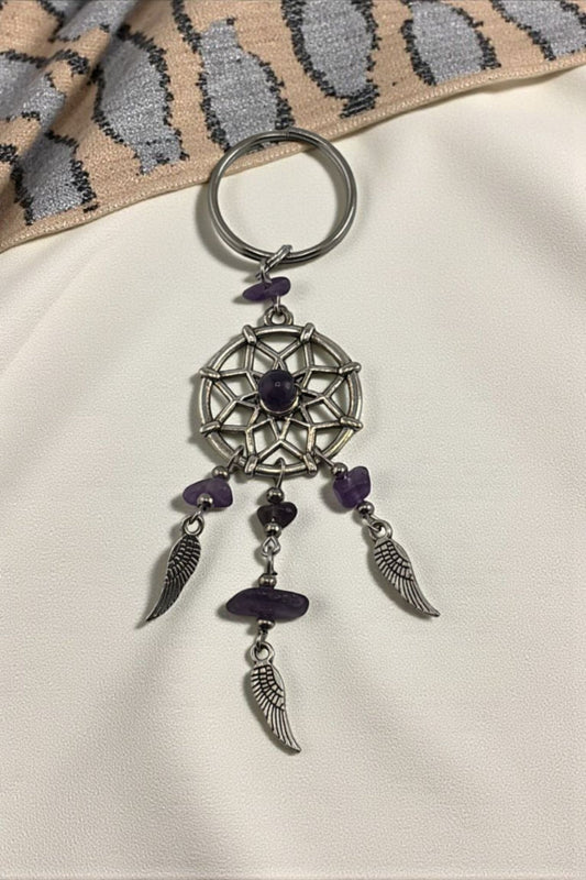Hand holding Amethyst Wealth Crystal Keychain
