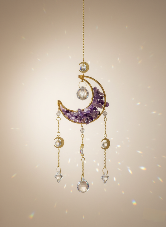 Handmade Amethyst Moon Crystal Dream Catcher close-up showing amethyst stones