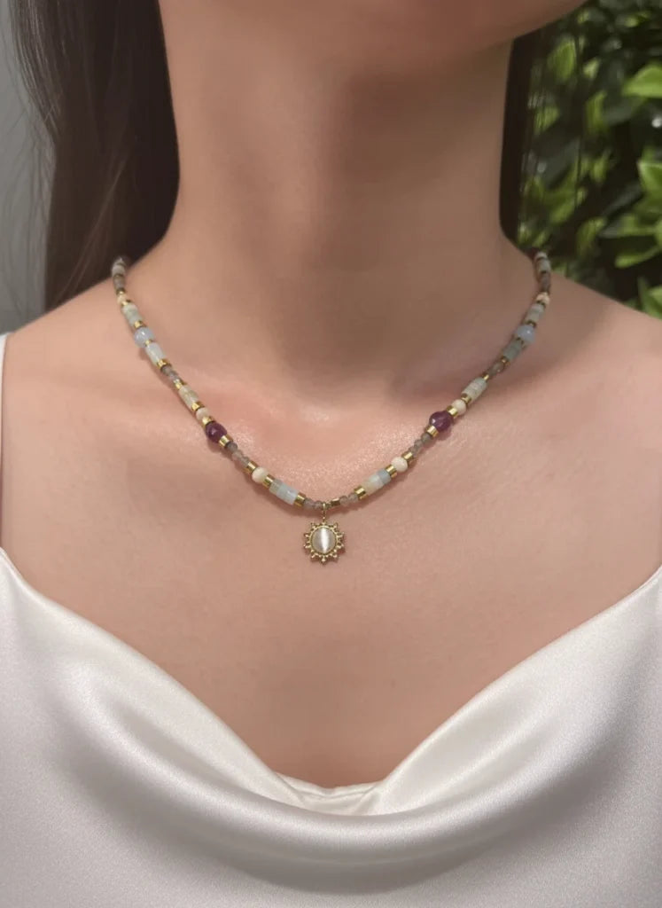 Aquamarine, Garnet & White Quartz Necklace – Ocean Calm, Passion & Clarity