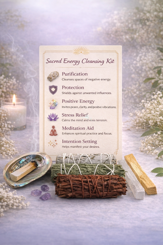Sacred Energy Cleansing Kit with a card detailing its benefits on a decorative background.