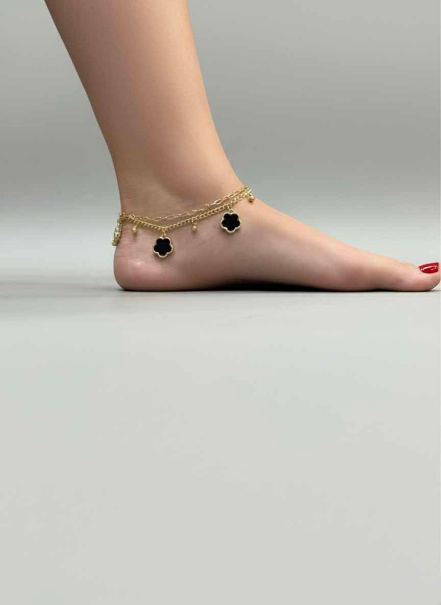 Black Obsidian Flower Charm Anklet – Gold Chain Anklet with Black Dangle Flower Design