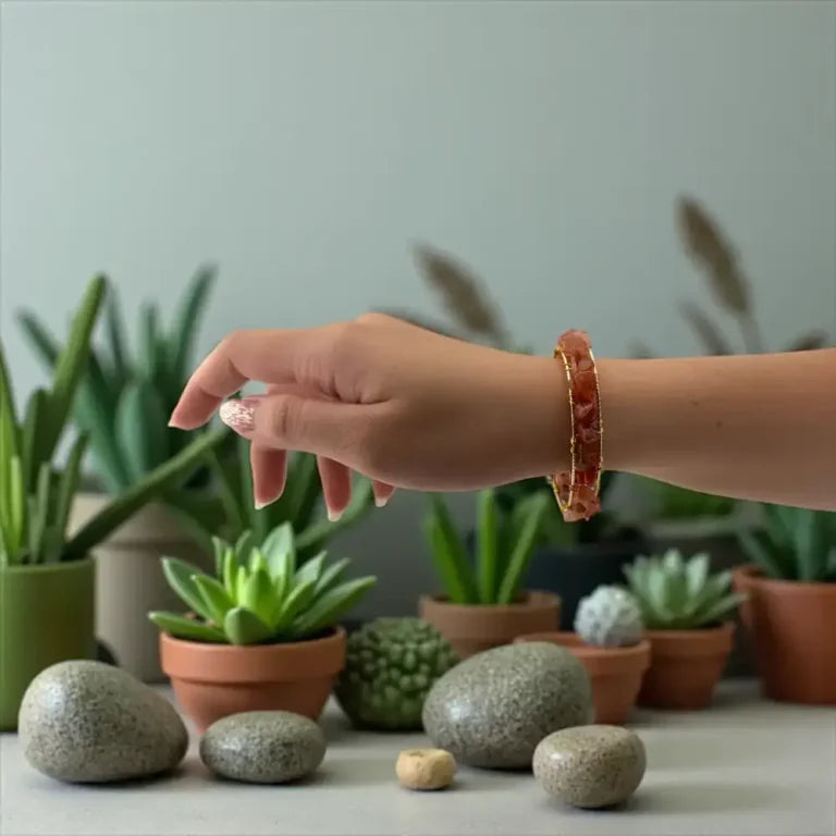 Hand reaching out towards a small plant with potted plants and stones in the background