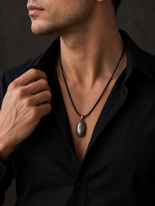 Man wearing a black shirt with a necklace against a dark background