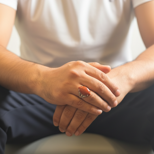 Close-up of hands with a ring on a blurred background