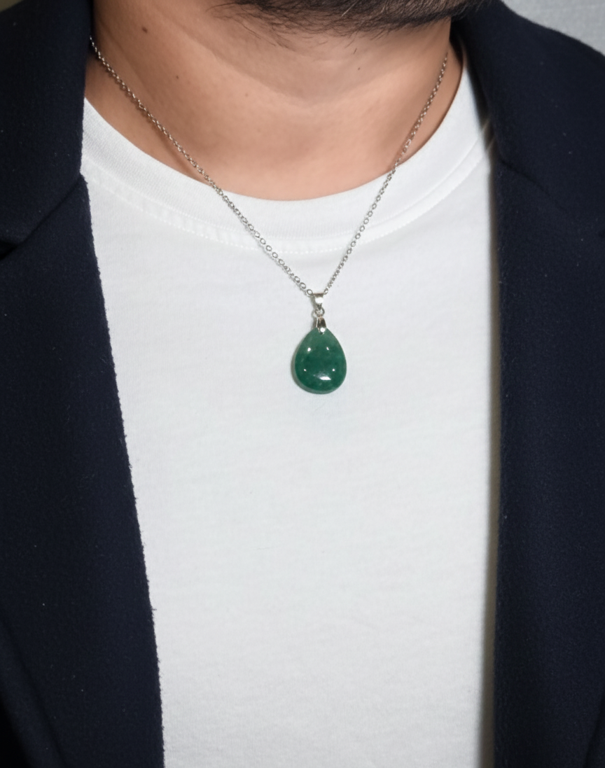 Green Aventurine Teardrop Pendant Men’s Necklace – Natural Stone Pendant Necklace