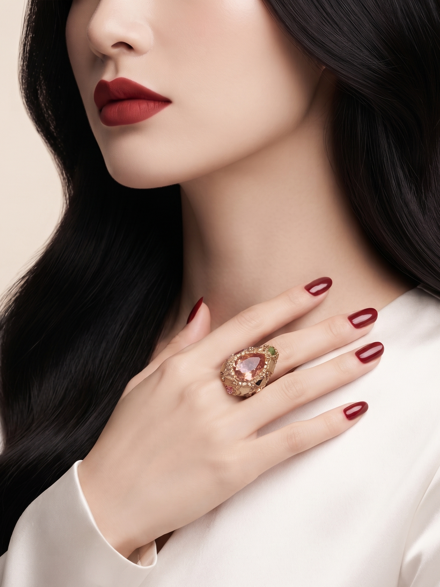A close-up lifestyle shot of a model wearing a large gold ring with a heart-shaped pink gemstone, styled with dark red lipstick and manicured nails on a cream satin top.