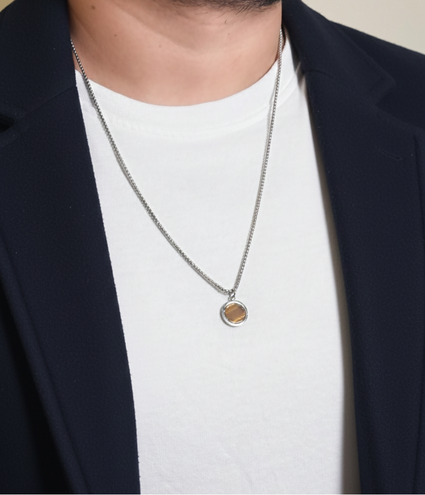 Men’s Silver Chain Necklace with Round Brown Agate Stone Pendant – Minimalist Pendant Necklace