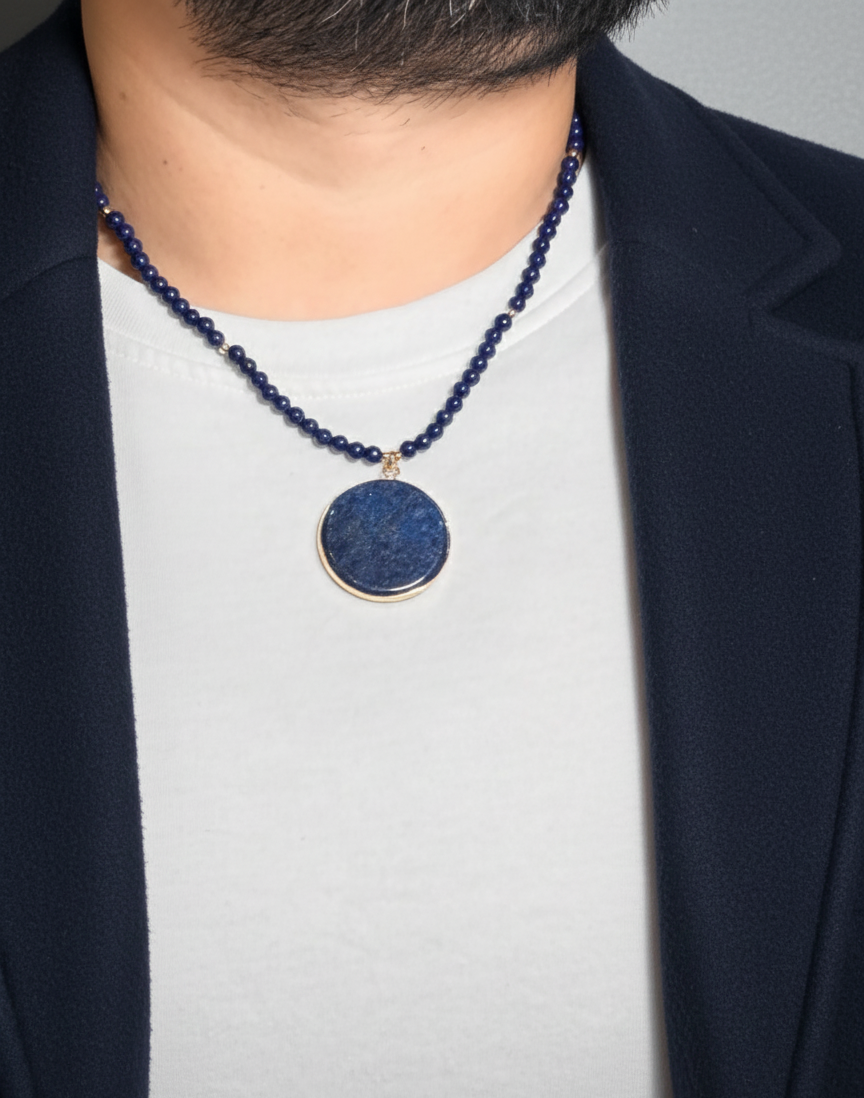 Lapis Lazuli Round Pendant Men’s Beaded Necklace – Natural Stone Beaded Necklace