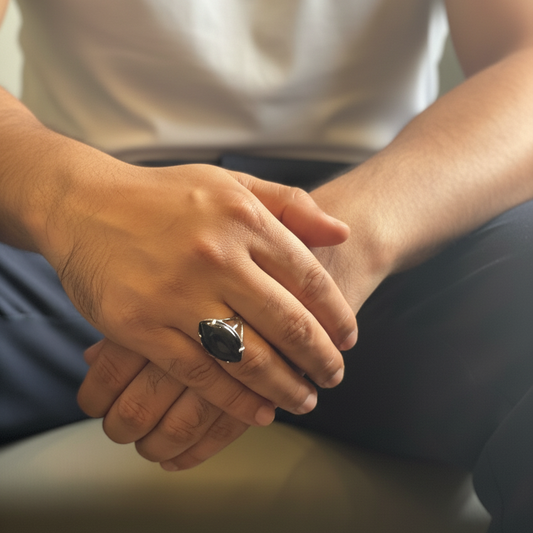 Black Obsidian Male Ring Natural Stone Silver Finish