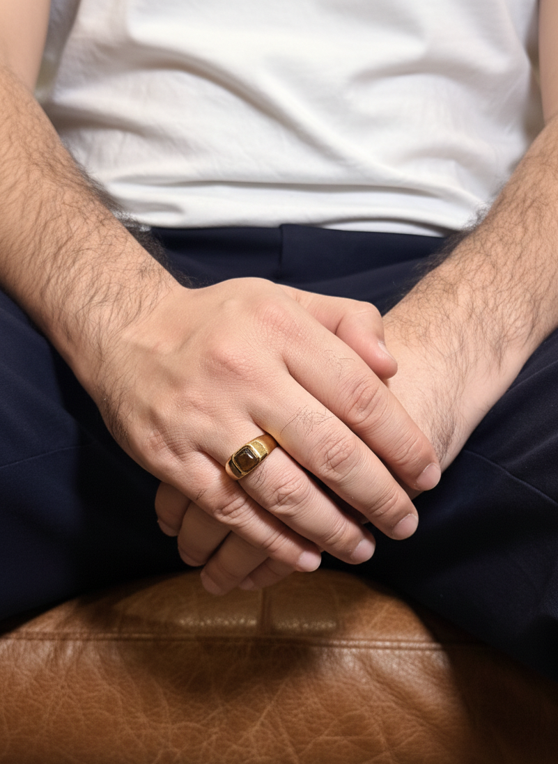 Square Tiger Eye Male Ring – Golden Brown Natural Stone with Silver Finish