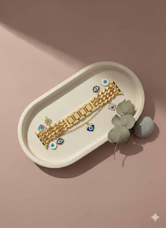 Golden Evil Eye Watch Strap – radiant gold chain design offering protection and charm.