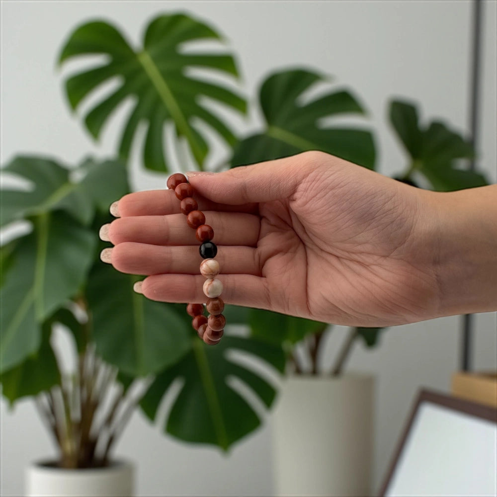 Hand holding a beaded bracelet with plants in the background
