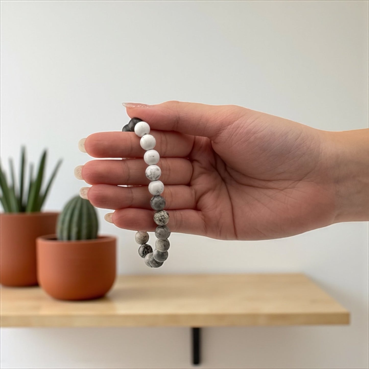 Howlite, Grey Jasper, Black Agate & Moonstone Bracelet – Balanced Spirit & Gentle Calm
