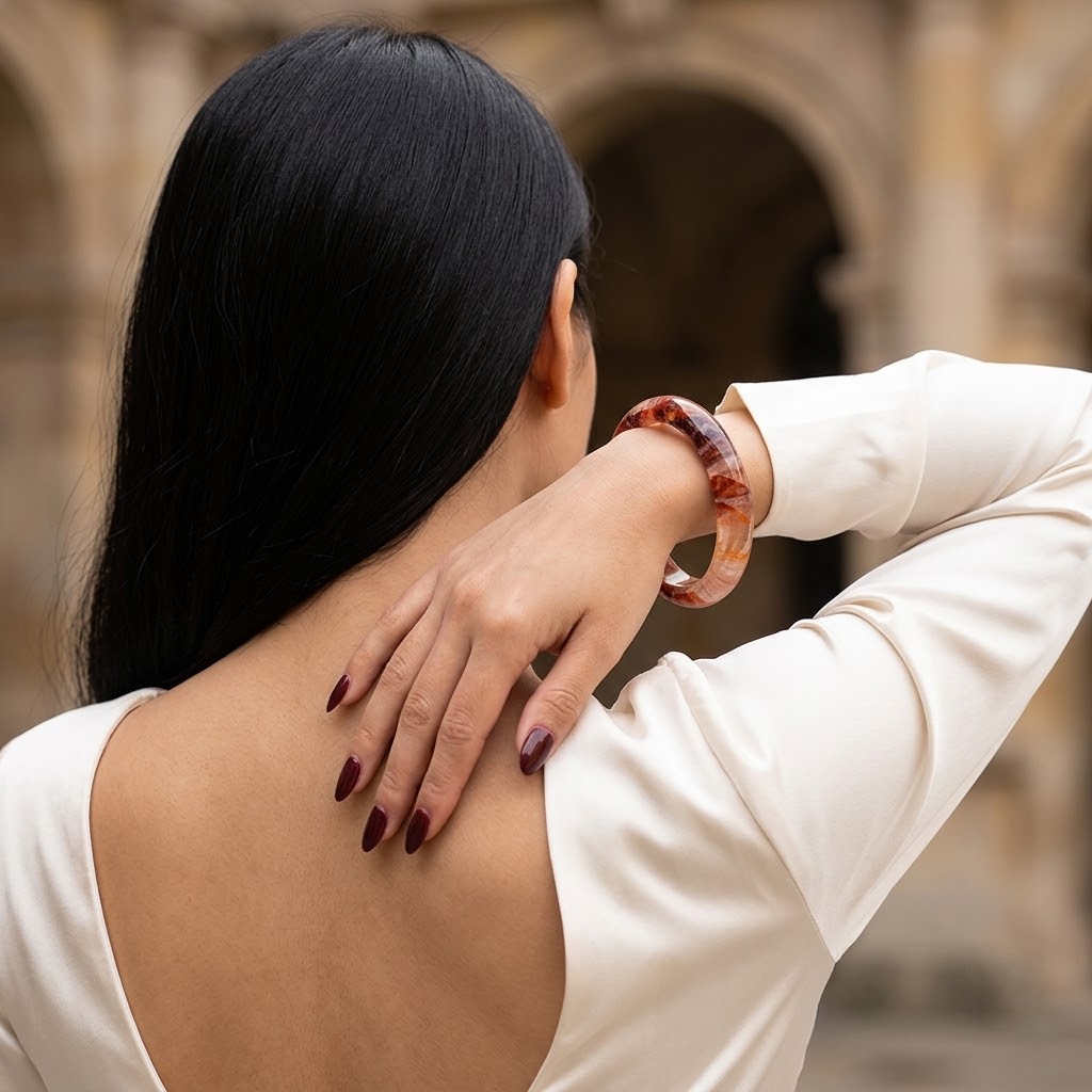 A woman with long black hair is shown from behind, wearing a cream-colored top and a chunky tortoiseshell bangle bracelet on her raised arm. The background is a softly blurred stone archway.