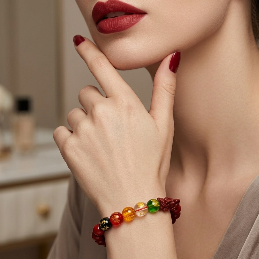 Close-up of a woman's hand wearing a colorful beaded bracelet with a blurred background.