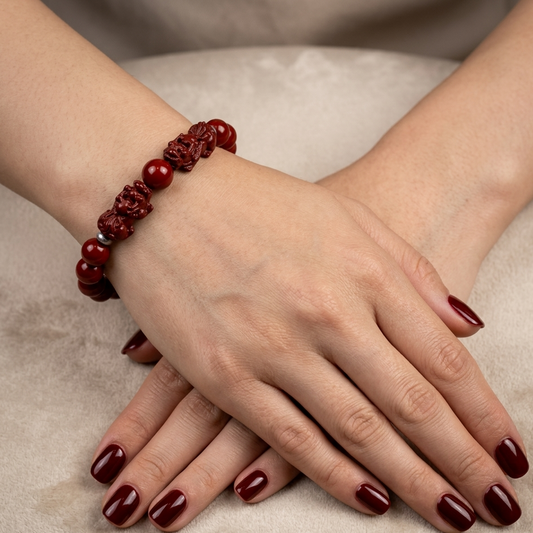 Close-up of a hand wearing a red beaded bracelet on a neutral background