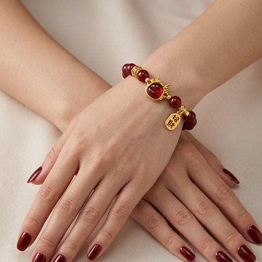Bracelet with red beads and gold accents on a person's wrist against a neutral background
