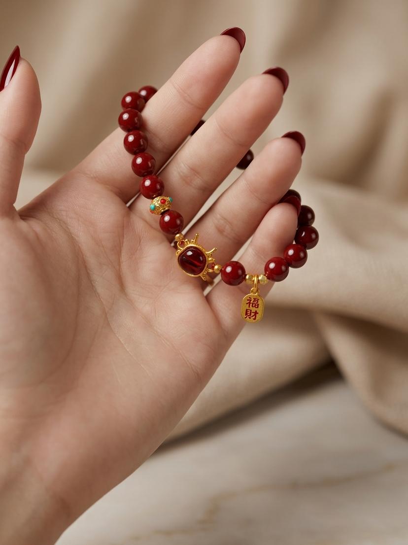 Hand wearing a red beaded bracelet with gold charms on a beige background