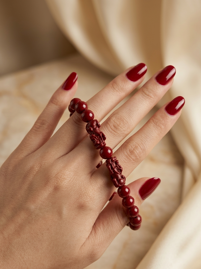Hand holding a red beaded bracelet against a beige background