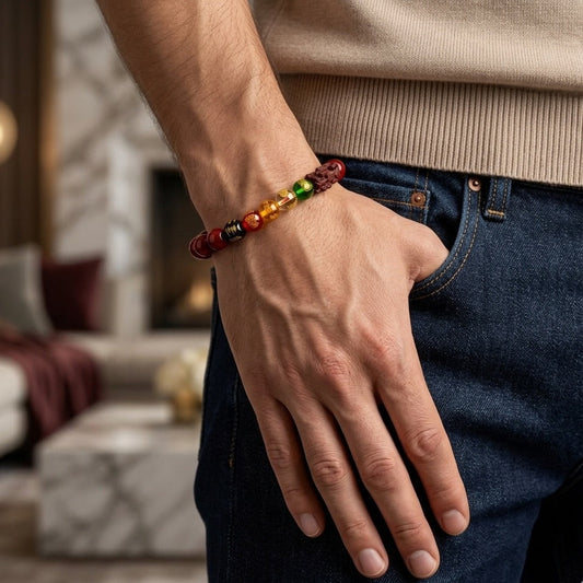 Person wearing a colorful beaded bracelet on a blurred indoor background