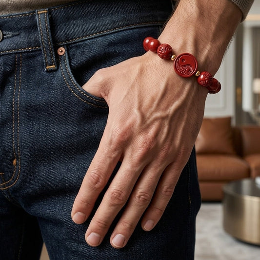 Hand wearing a red bracelet with a blurred indoor background