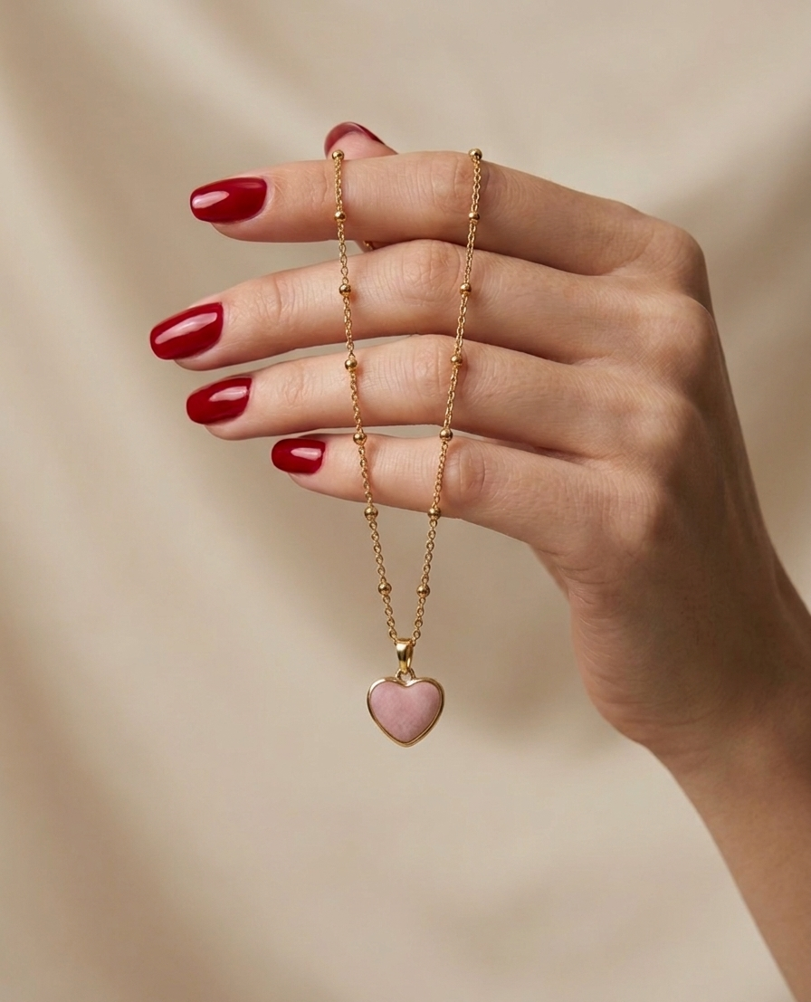 Hand holding a gold necklace with a pink heart pendant against a beige background