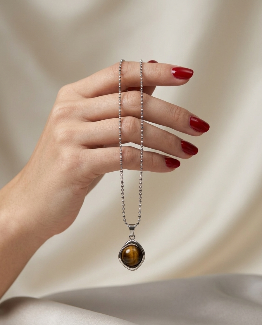 Hand holding a necklace with a tiger's eye pendant against a neutral background