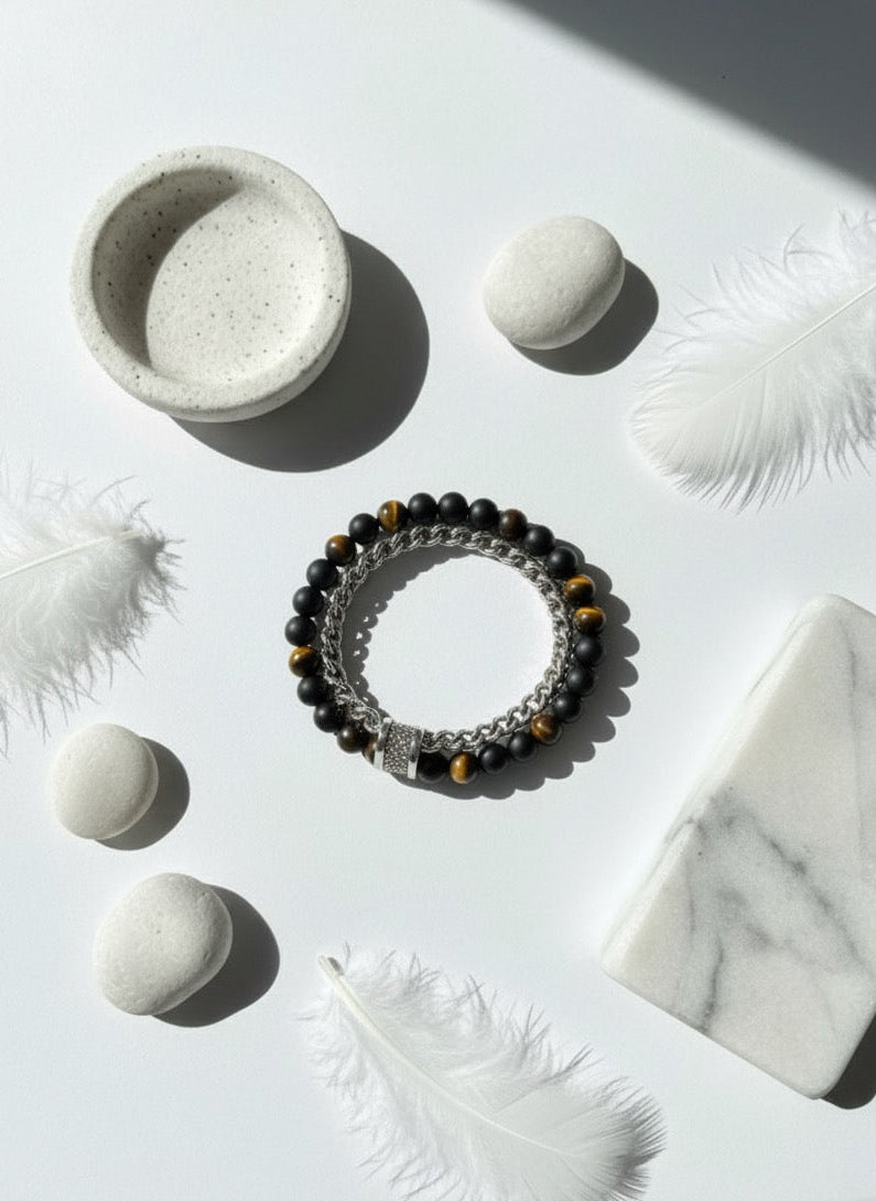 Tiger Eye and Black Onyx Steel Men’s Bracelet Premium Chain Hybrid Design