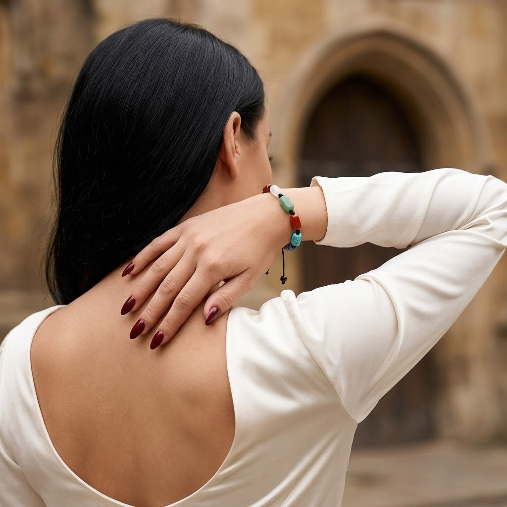 A woman with long black hair is shown from behind, wearing a white long-sleeve top and a beaded bracelet on her wrist, with her hand resting on her neck. The background shows a blurred stone archway.