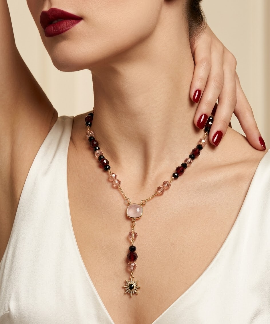 A close-up of a model wearing a delicate gold Y-necklace with dark red, pink, and black beads, a light pink stone, and a gold sunburst pendant.