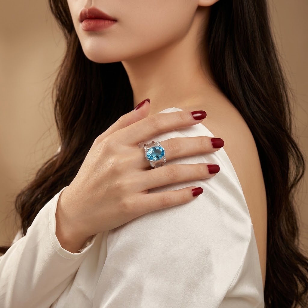 A close-up lifestyle shot of a woman wearing a silver ring with a round-cut light blue gemstone on her hand, which is resting on her shoulder.