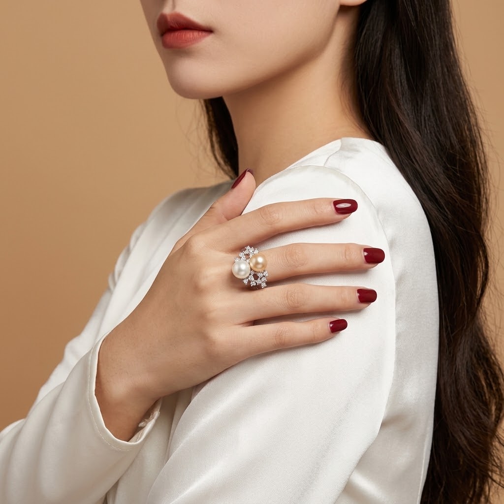 A close-up of a woman wearing a statement ring with white pearls and silver-toned crystals on her hand, styled with a white satin top against a warm beige background.