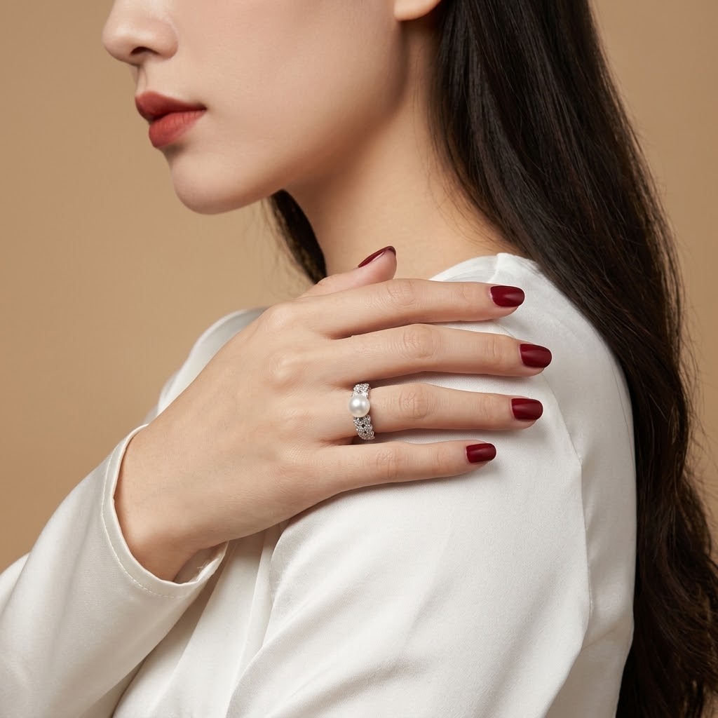 A close-up lifestyle shot of a woman wearing a silver ring with clear gemstones on her ring finger, dressed in a white satin top against a warm beige background.