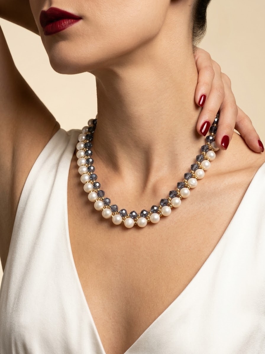 A close-up of a model wearing a pearl and gray beaded collar necklace with gold-toned accents, paired with a white sleeveless top.