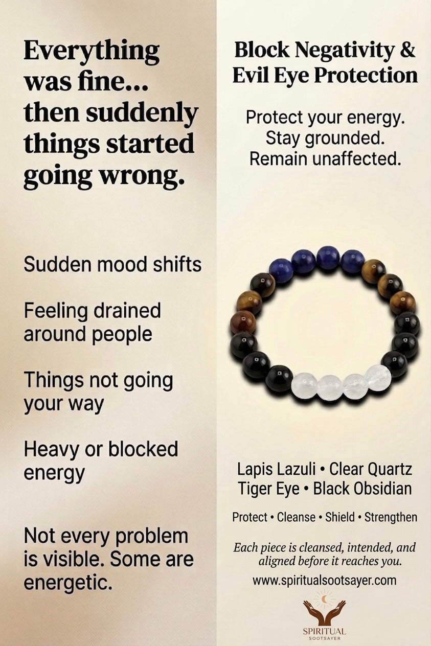 Advertisement for a bracelet with gemstones, featuring text on block negativity and evil eye protection.