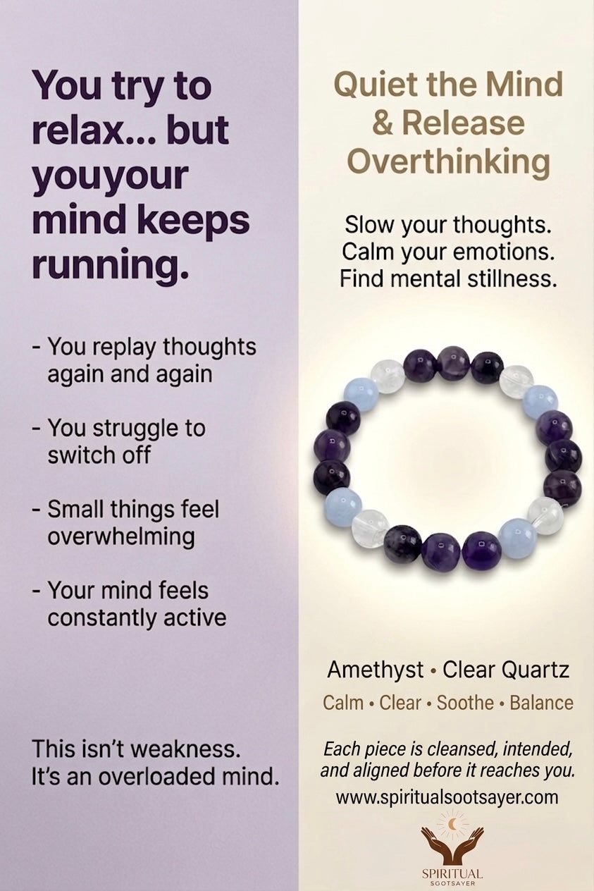 Advertisement for a bracelet with amethyst and clear quartz stones, featuring text about mental well-being and product details.