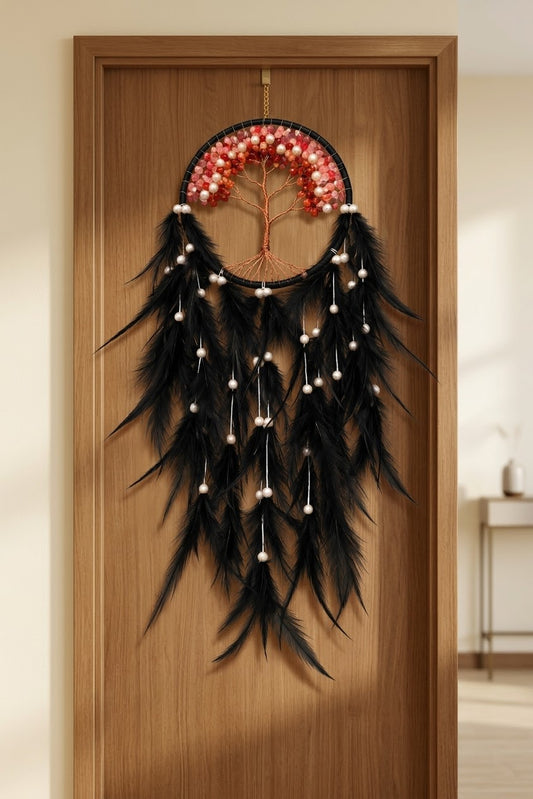 Midnight Rose Quartz & Pearl Tree of Life Feather Dream Catcher