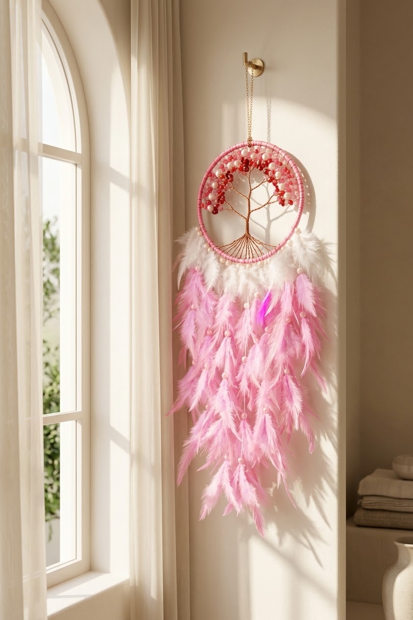 Rose Quartz & Pearl Tree of Life Feather Dream Catcher
