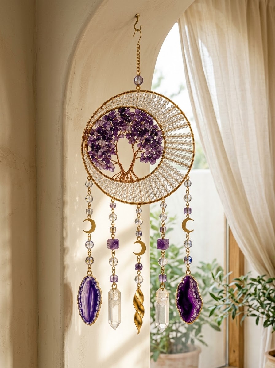 Amethyst & Clear Quartz Tree of Life Crystal Dream Catcher